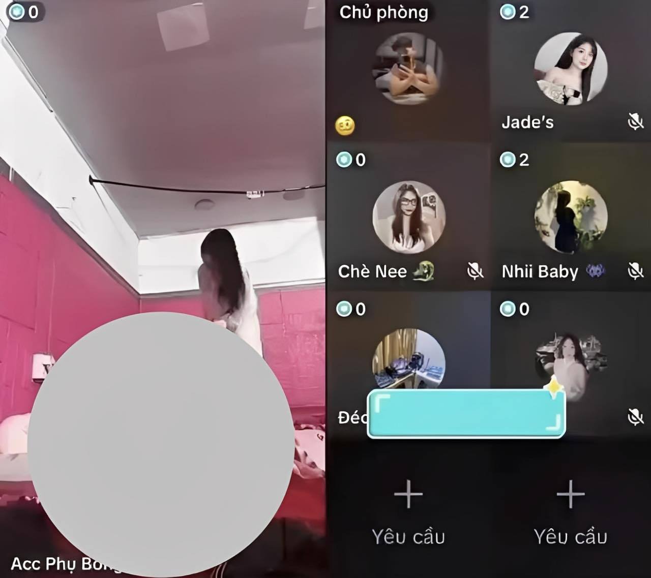 May be an image of phone and text that says 'Chủ phòng 2 Jade's s 연드 2 2 ChèNee Chè Nee 0 Nhii NhiiBaby Baby 0 Đéc Acc Phụ AccPhụBo Bon + Yêu YêUCầu cầu Yêu Yêucẩu cầu'
