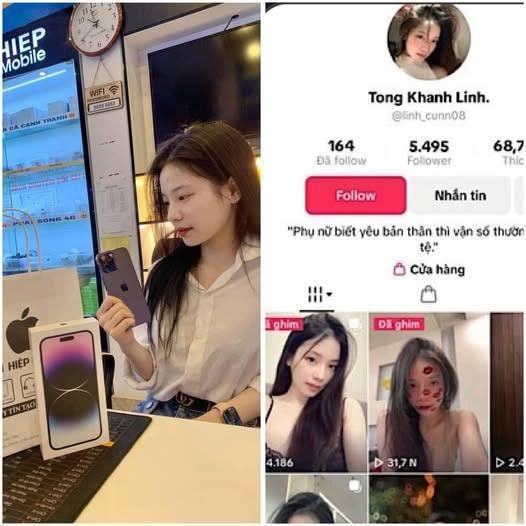 May be an image of phone and text that says 'HIEP Mobile 耐 HANS Tong Khanh Linh. @linh_cunn08 164 DSfollow Đa follow 5.495 Follower 68,7 Thíc Follow Nhấn tin